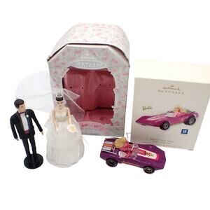 Hallmark 1997 Barbie & Ken Wedding Day + 2008 Star Vette Ornaments 3 pcs w/Boxes